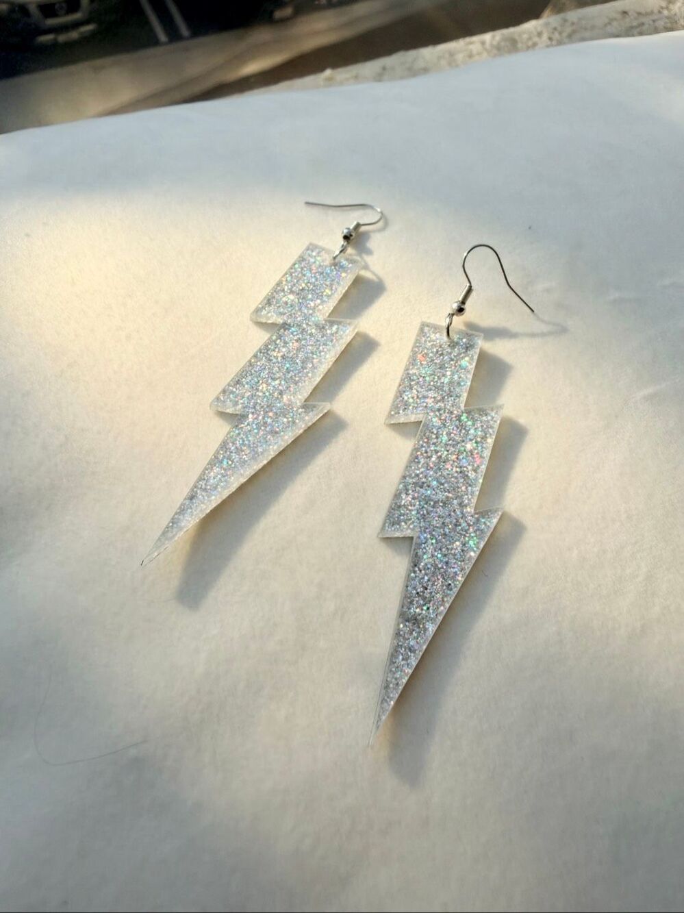 Silver Glitter Lightning Bolt Statement Earrings Holographic Sparkle
